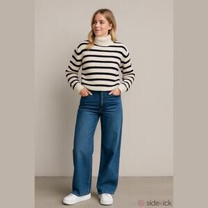 Karen Scott Black Ivory Stripe Turtleneck Cotton Sweater Size M